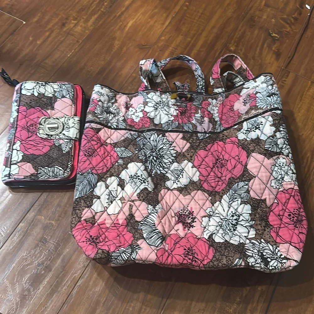 Vera Bradley Mocha Rouge Villager Tote & Turn Lock Wallet Retired Pattern